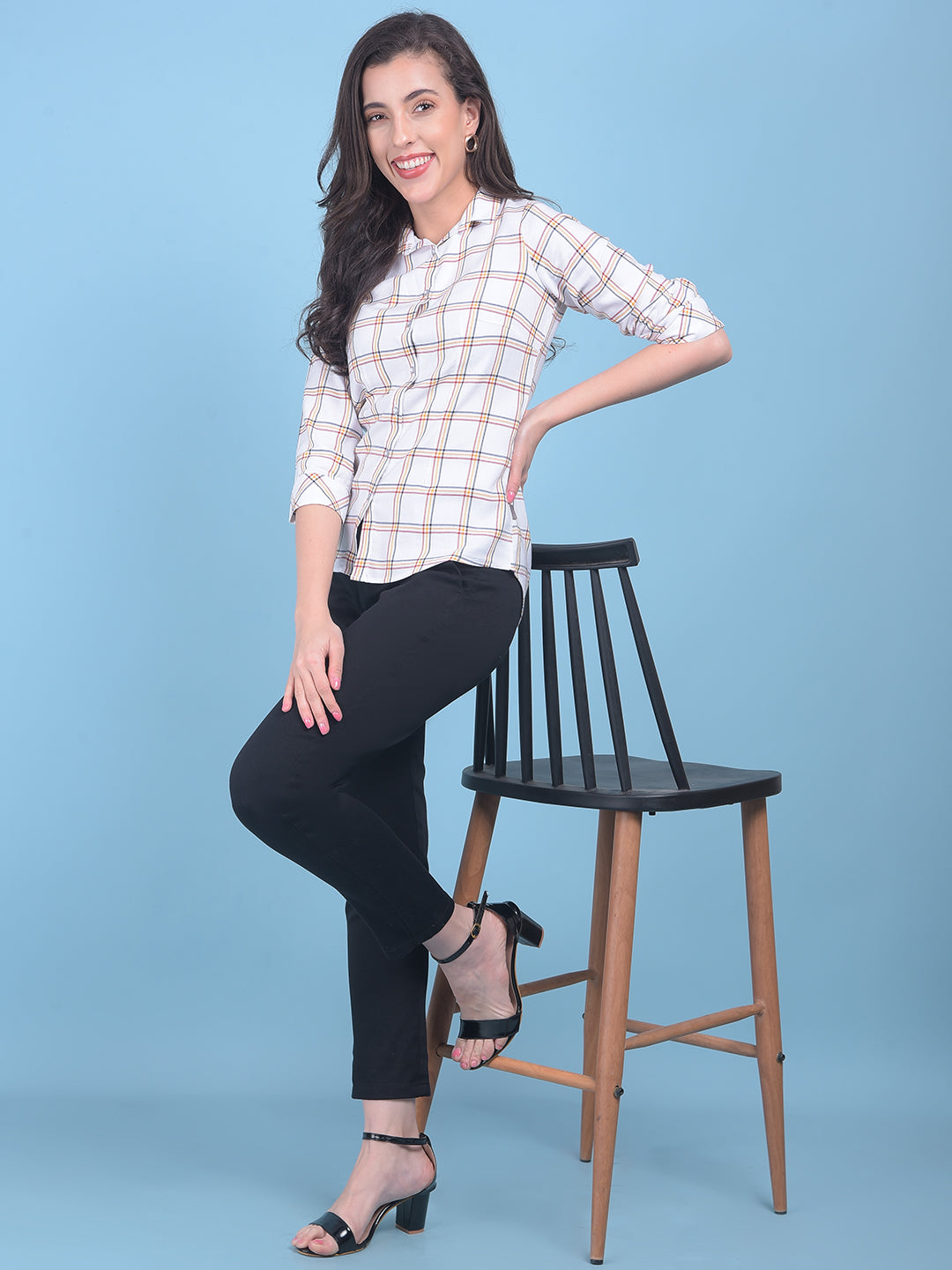 Peach Plain Check Shirt-Women Shirts-Crimsoune Club