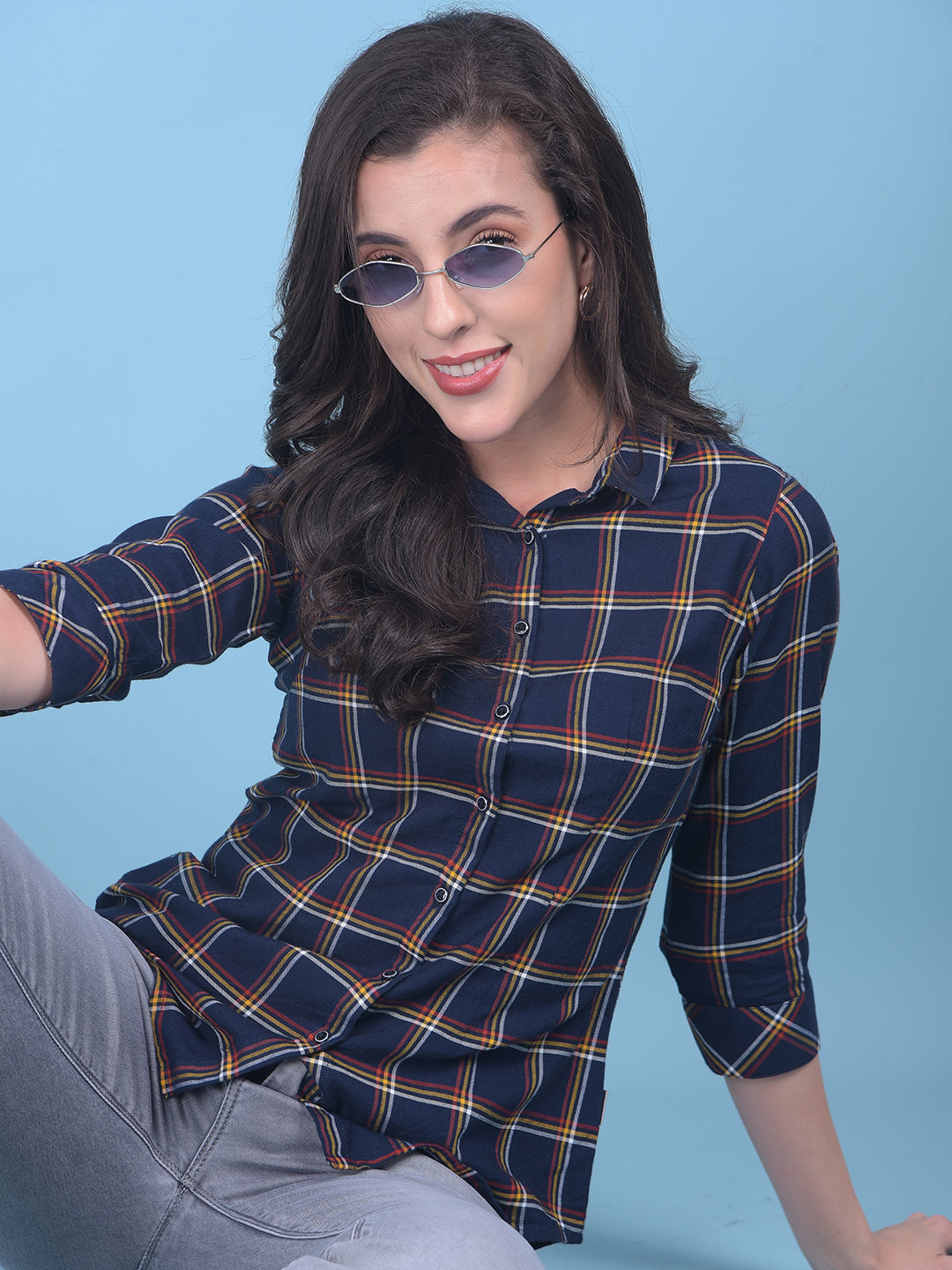 Blue Plain Check Shirt-Women Shirts-Crimsoune Club