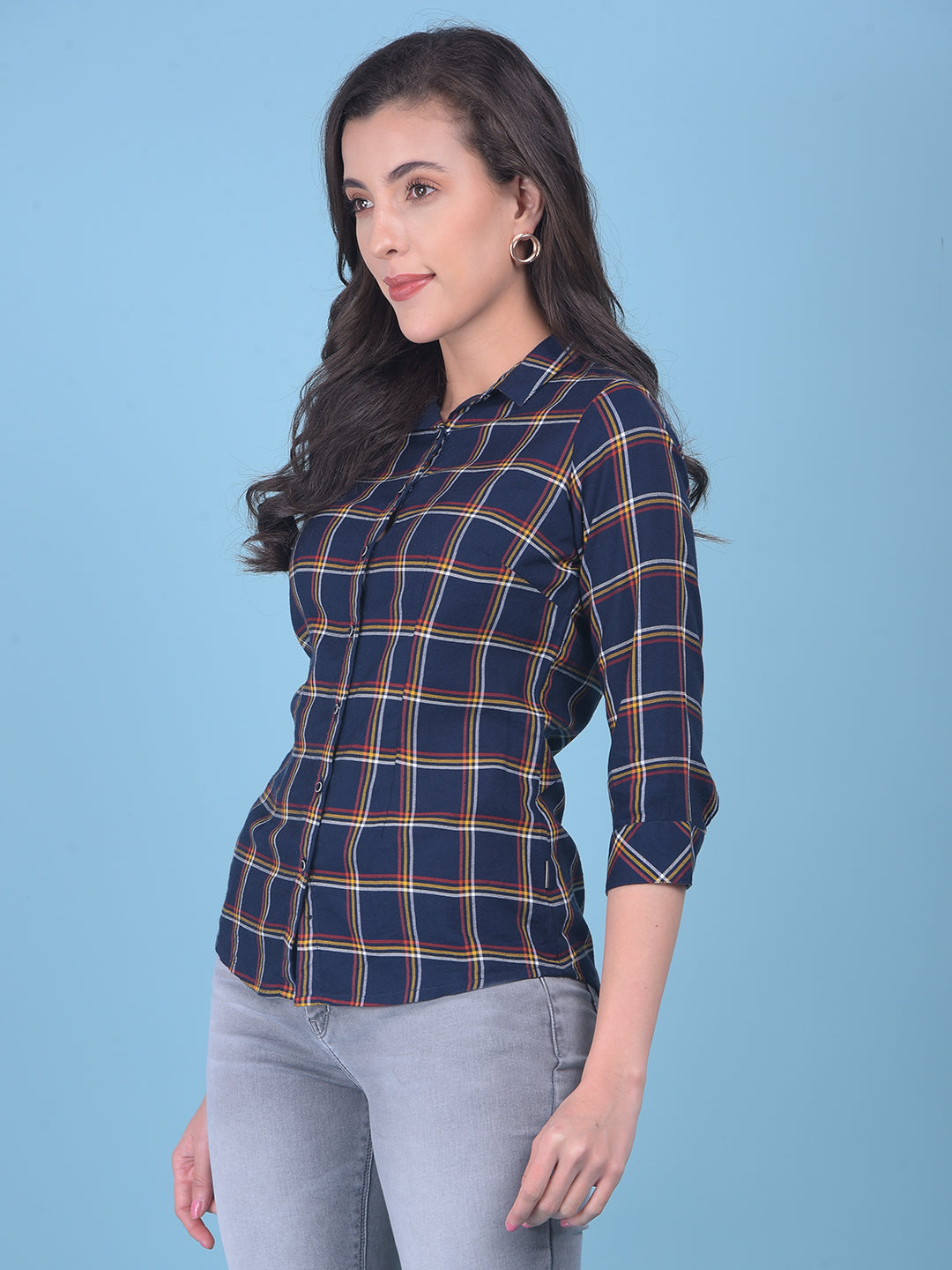 Blue Plain Check Shirt-Women Shirts-Crimsoune Club