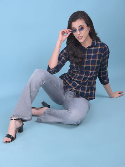 Blue Plain Check Shirt-Women Shirts-Crimsoune Club