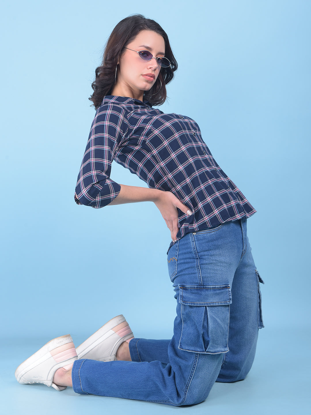 Peach Plain Check Shirt-Women Shirts-Crimsoune Club