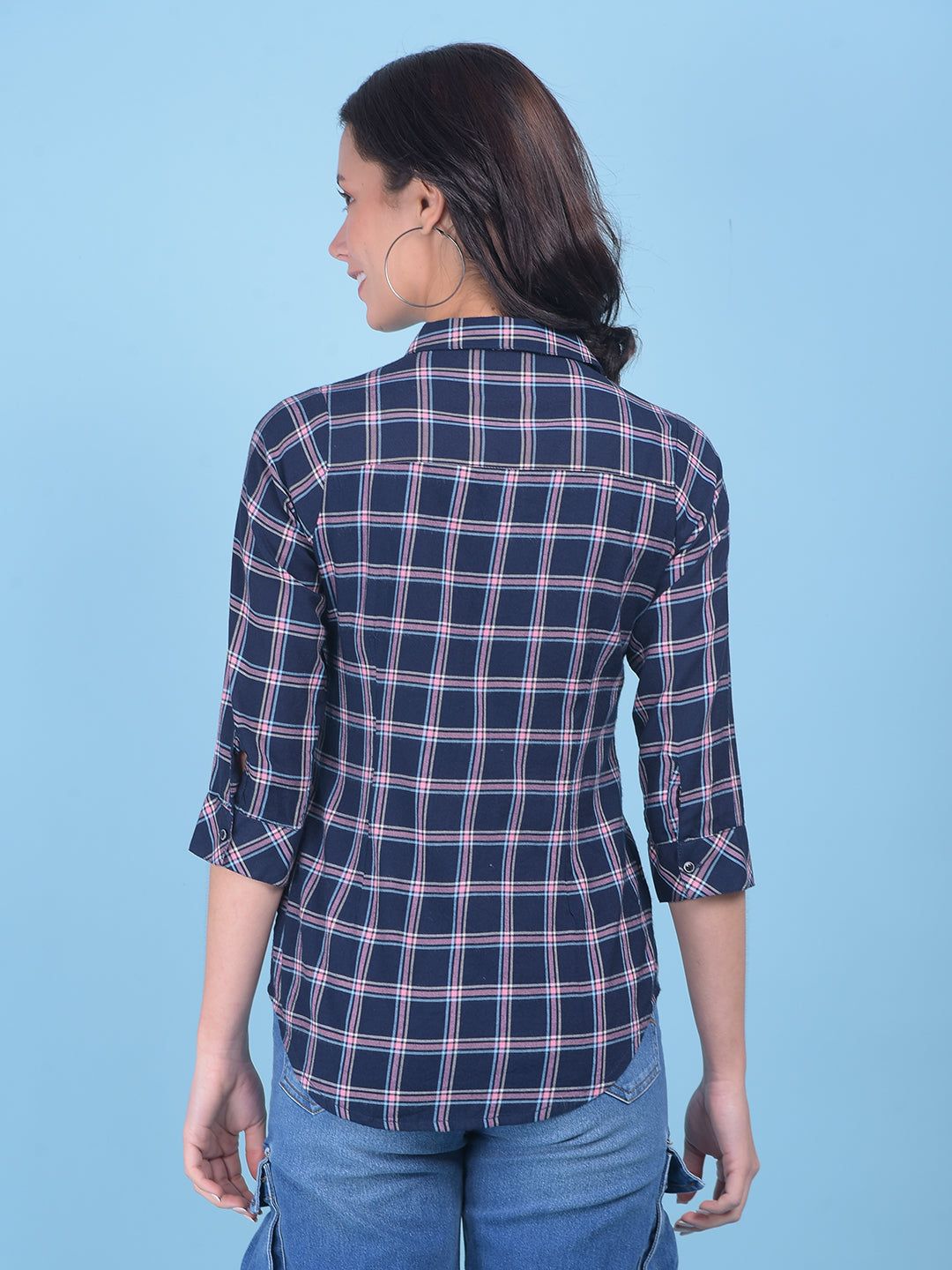 Peach Plain Check Shirt-Women Shirts-Crimsoune Club