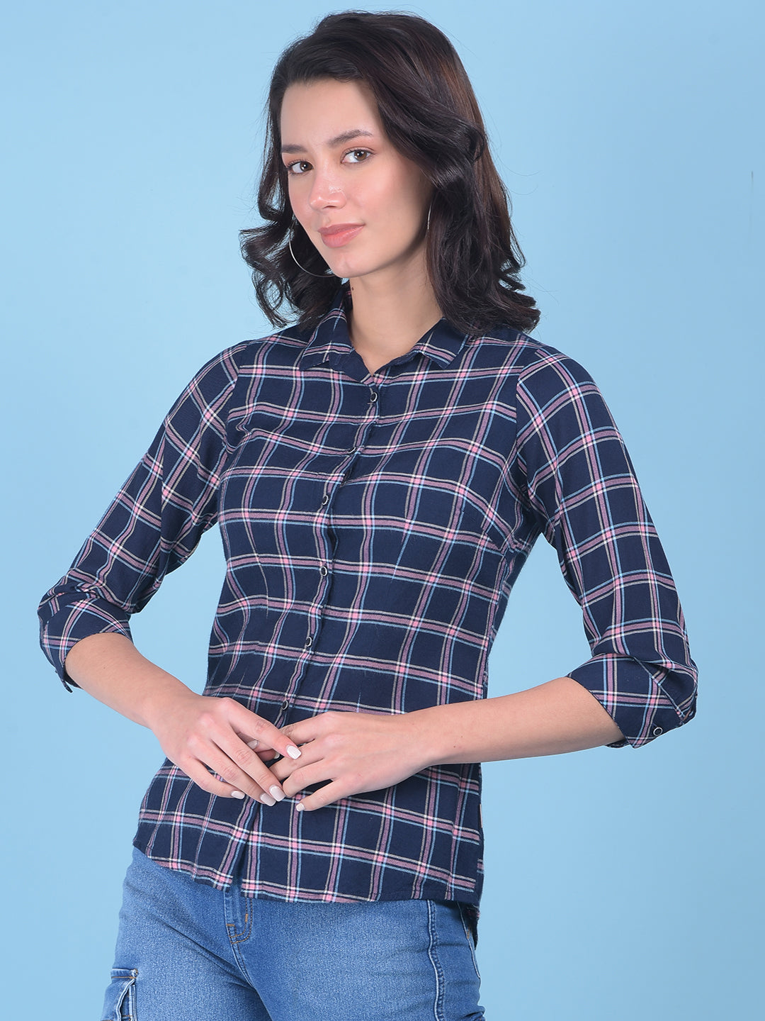 Peach Plain Check Shirt-Women Shirts-Crimsoune Club