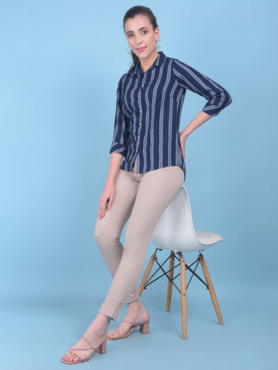 White Vertical Striped Shirt-Women Shirts-Crimsoune Club