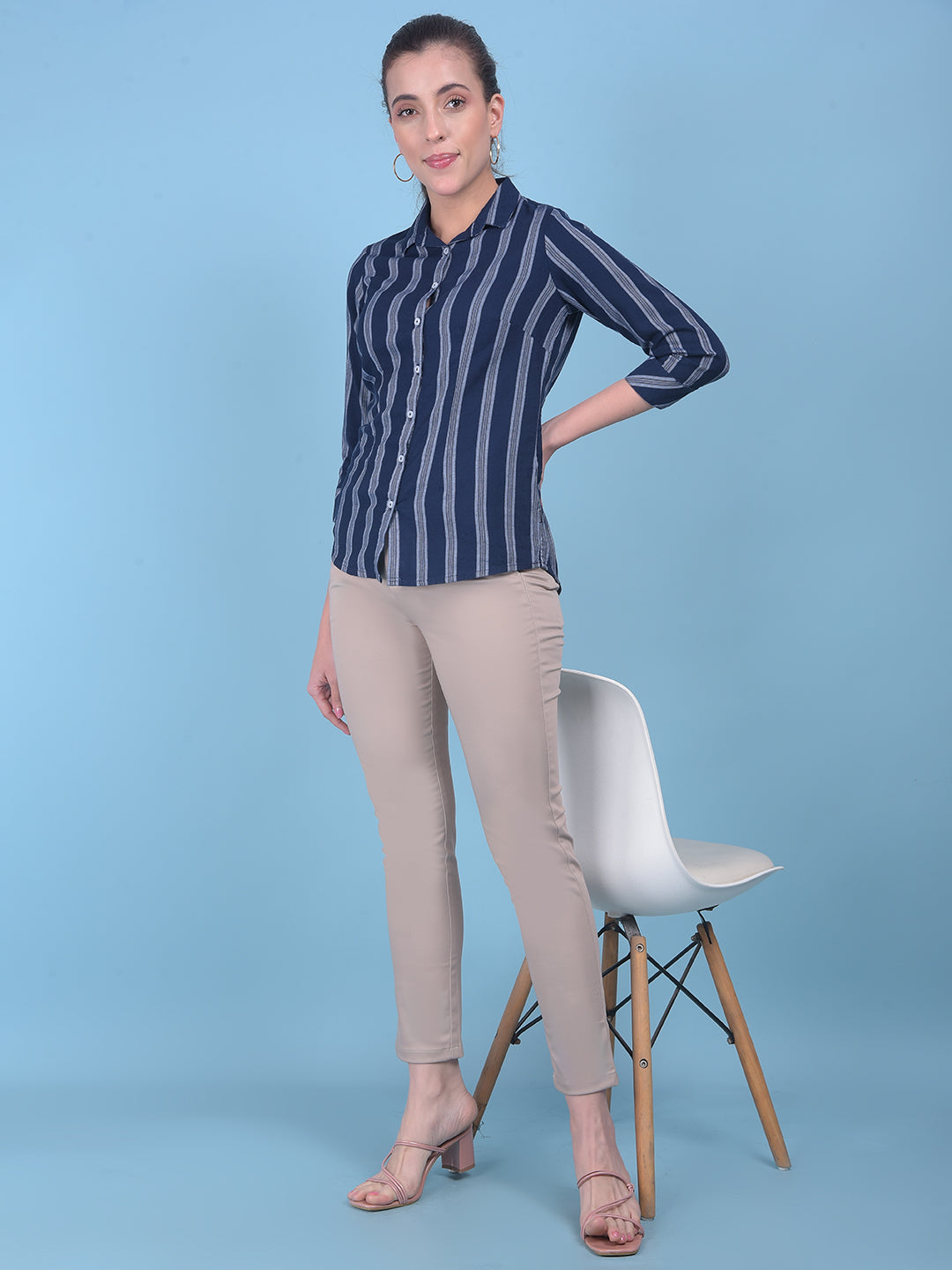 White Vertical Striped Shirt-Women Shirts-Crimsoune Club