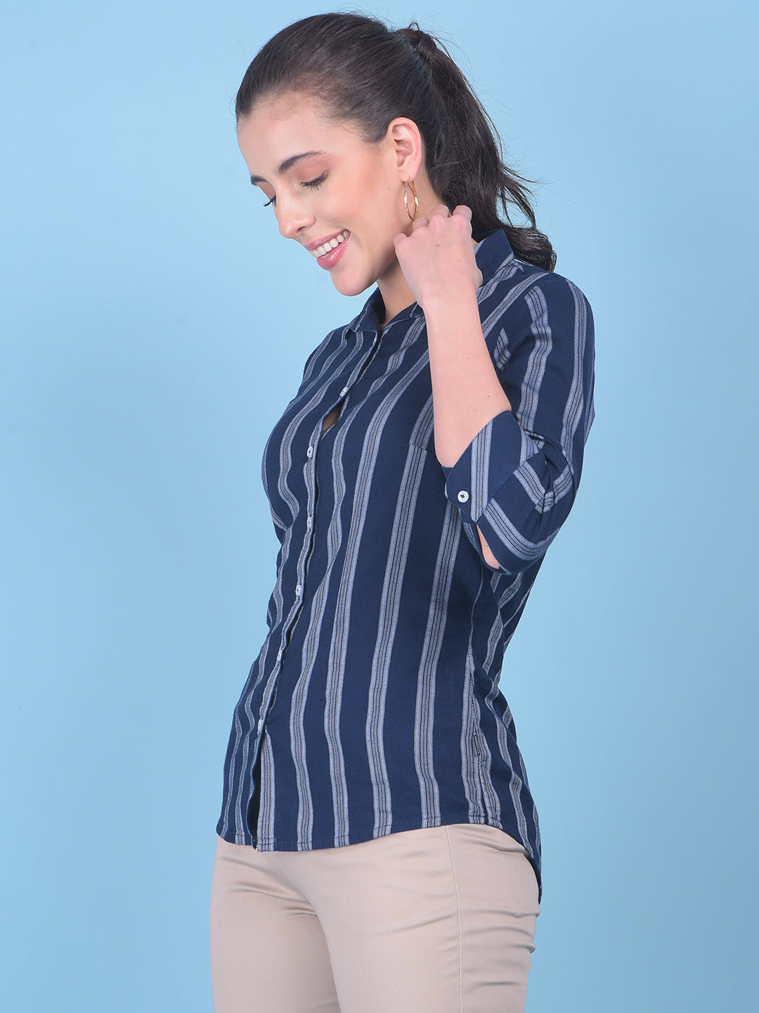 White Vertical Striped Shirt-Women Shirts-Crimsoune Club