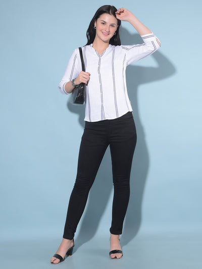 White Vertical Striped Shirt-Women Shirts-Crimsoune Club