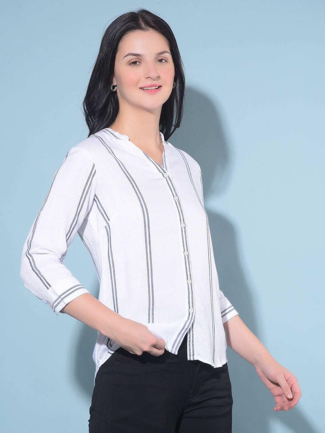 White Vertical Striped Shirt-Women Shirts-Crimsoune Club