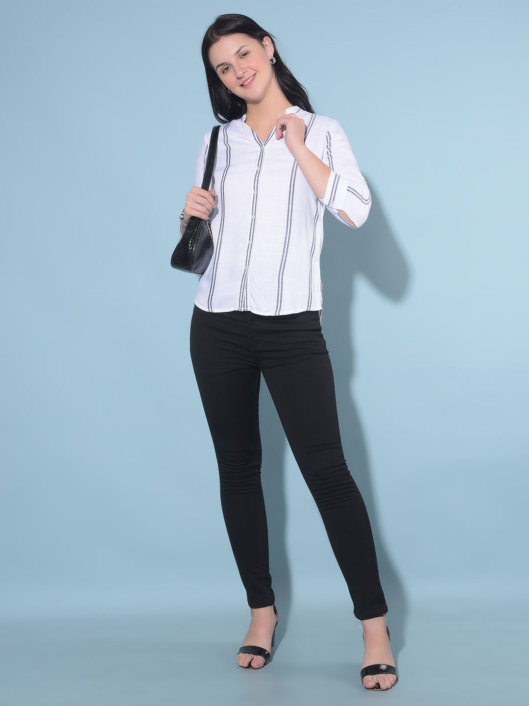 White Vertical Striped Shirt-Women Shirts-Crimsoune Club