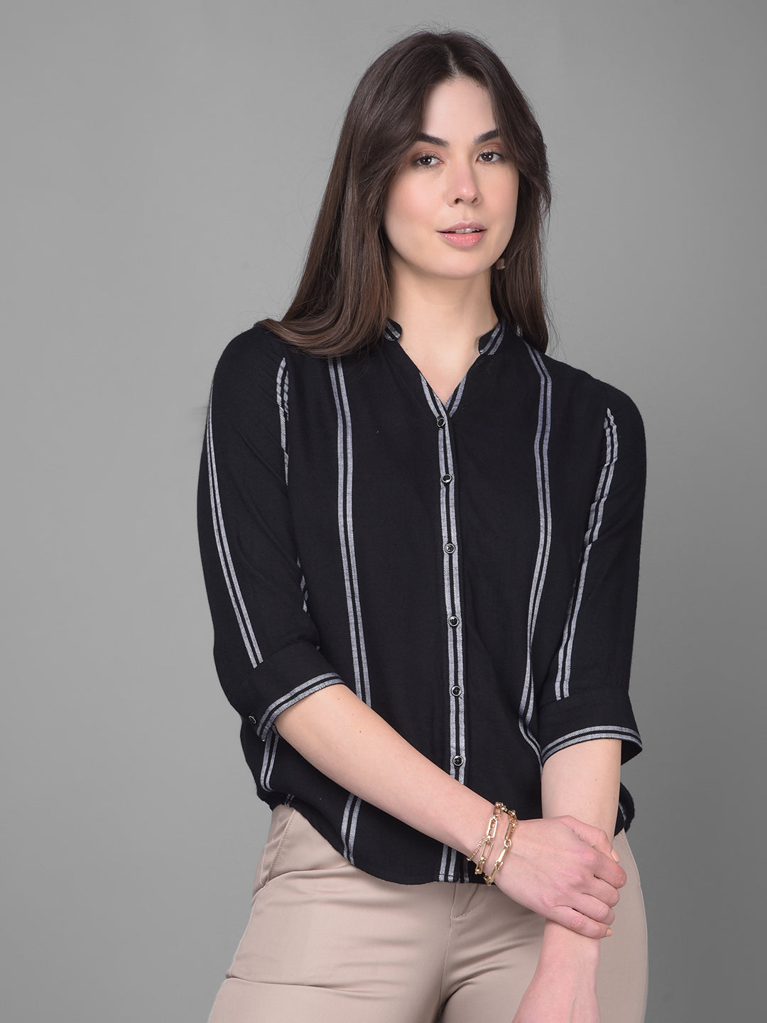 Black Striped Shirt-Women Shirts-Crimsoune Club