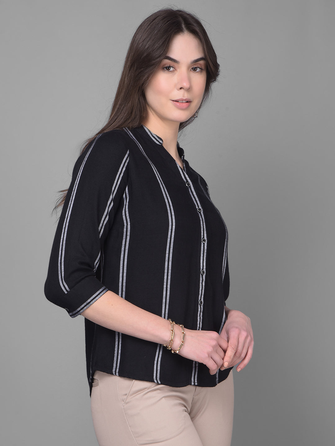 Black Striped Shirt-Women Shirts-Crimsoune Club