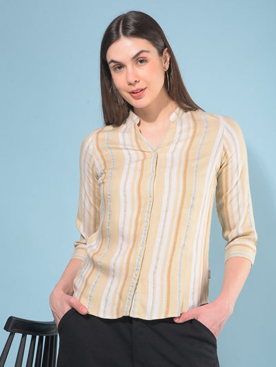 Khaki Verticle Striped 100% Lyocell Shirt-Women Shirts-Crimsoune Club