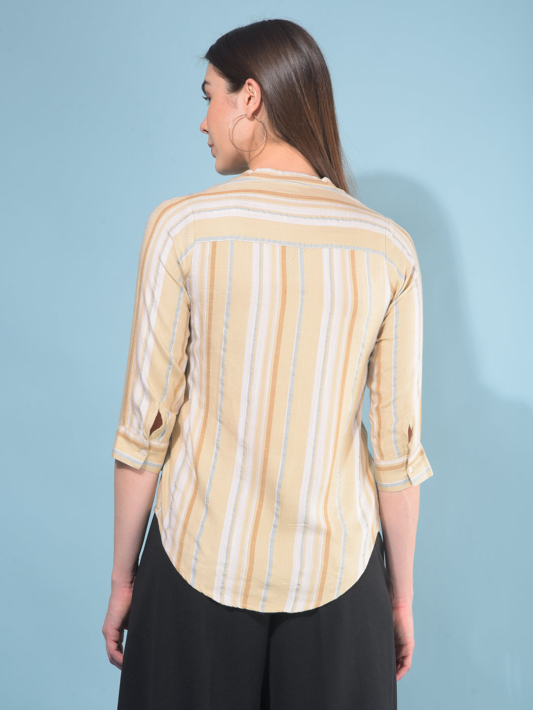 Khaki Verticle Striped 100% Lyocell Shirt-Women Shirts-Crimsoune Club