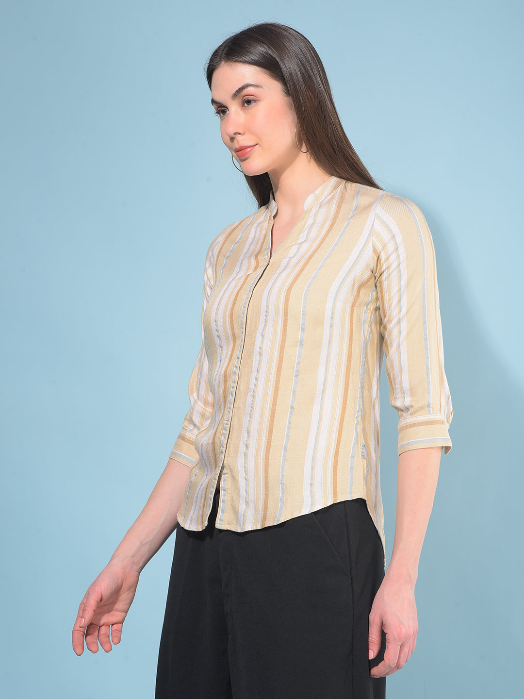 Khaki Verticle Striped 100% Lyocell Shirt-Women Shirts-Crimsoune Club