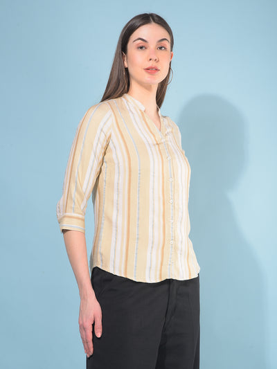 Khaki Verticle Striped 100% Lyocell Shirt-Women Shirts-Crimsoune Club