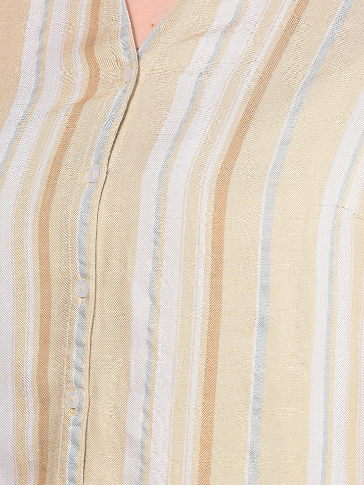 Khaki Verticle Striped 100% Lyocell Shirt-Women Shirts-Crimsoune Club
