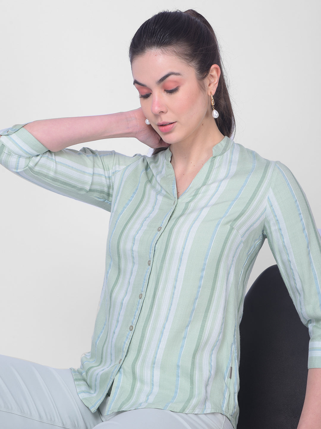 Green Striped Shirt-Women Shirts-Crimsoune Club