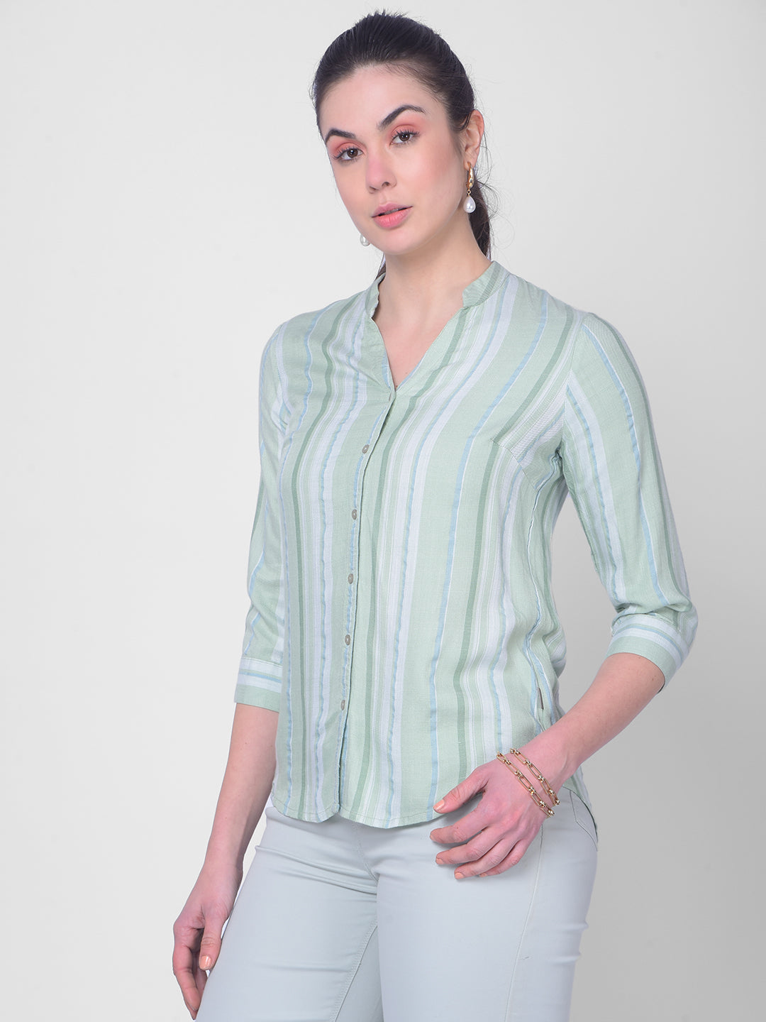 Green Striped Shirt-Women Shirts-Crimsoune Club