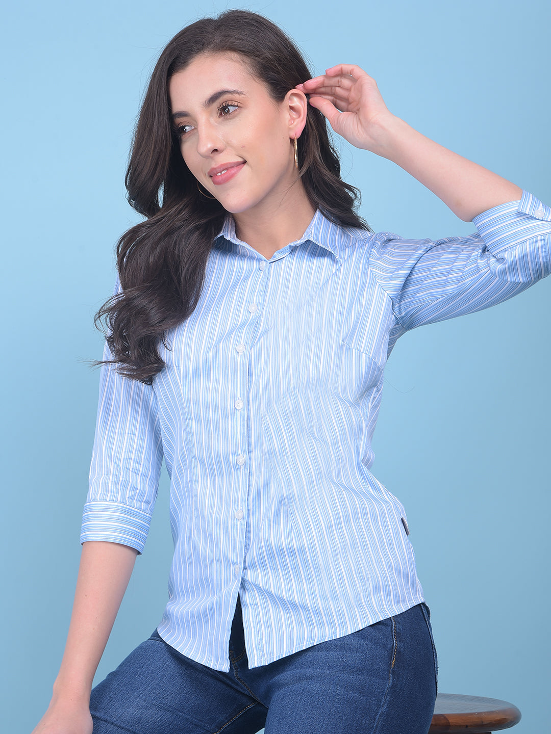 Blue Vertical Striped Shirt-Women Shirts-Crimsoune Club