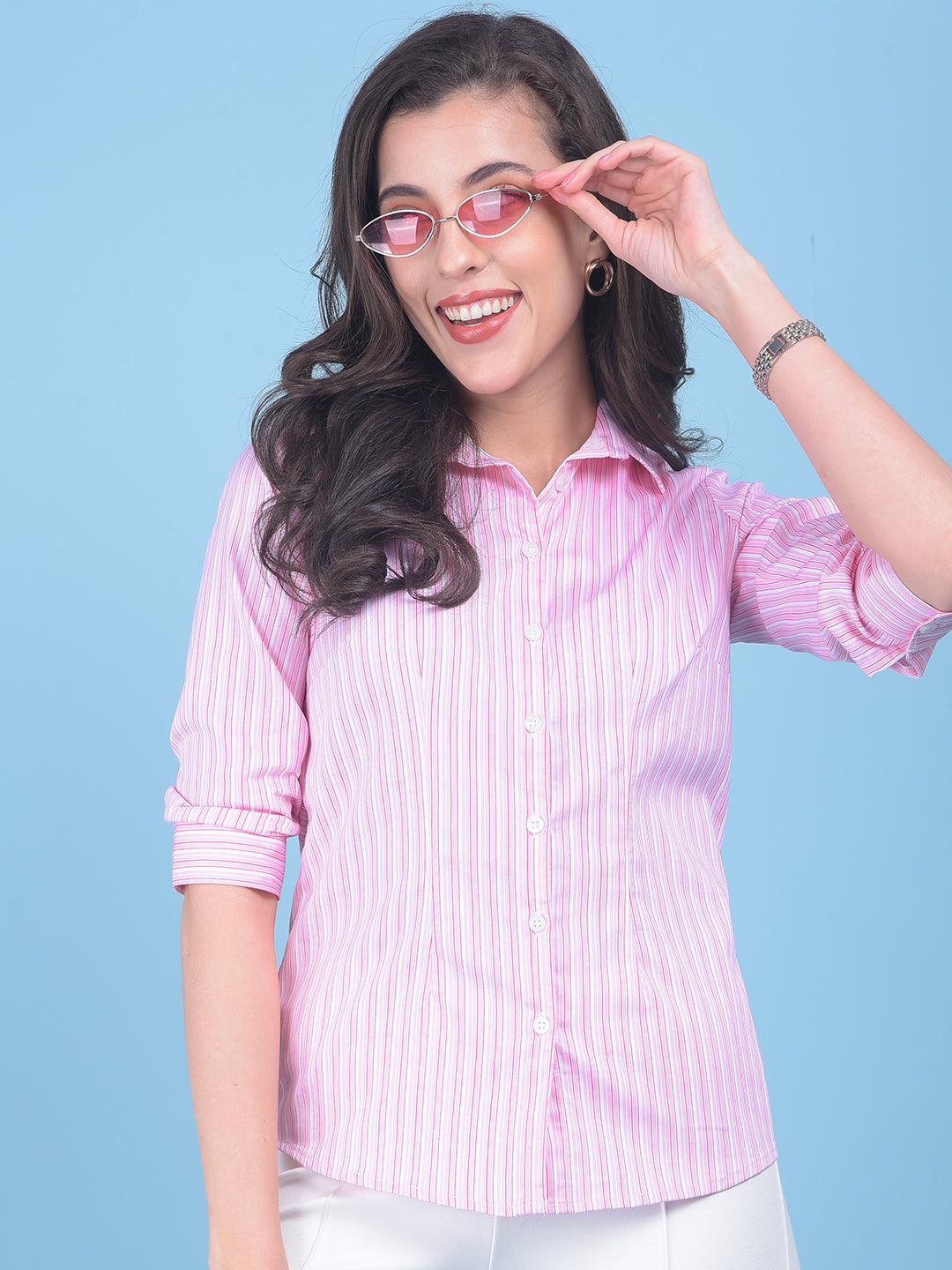 Pink Vertical Striped Shirt-Women Shirts-Crimsoune Club