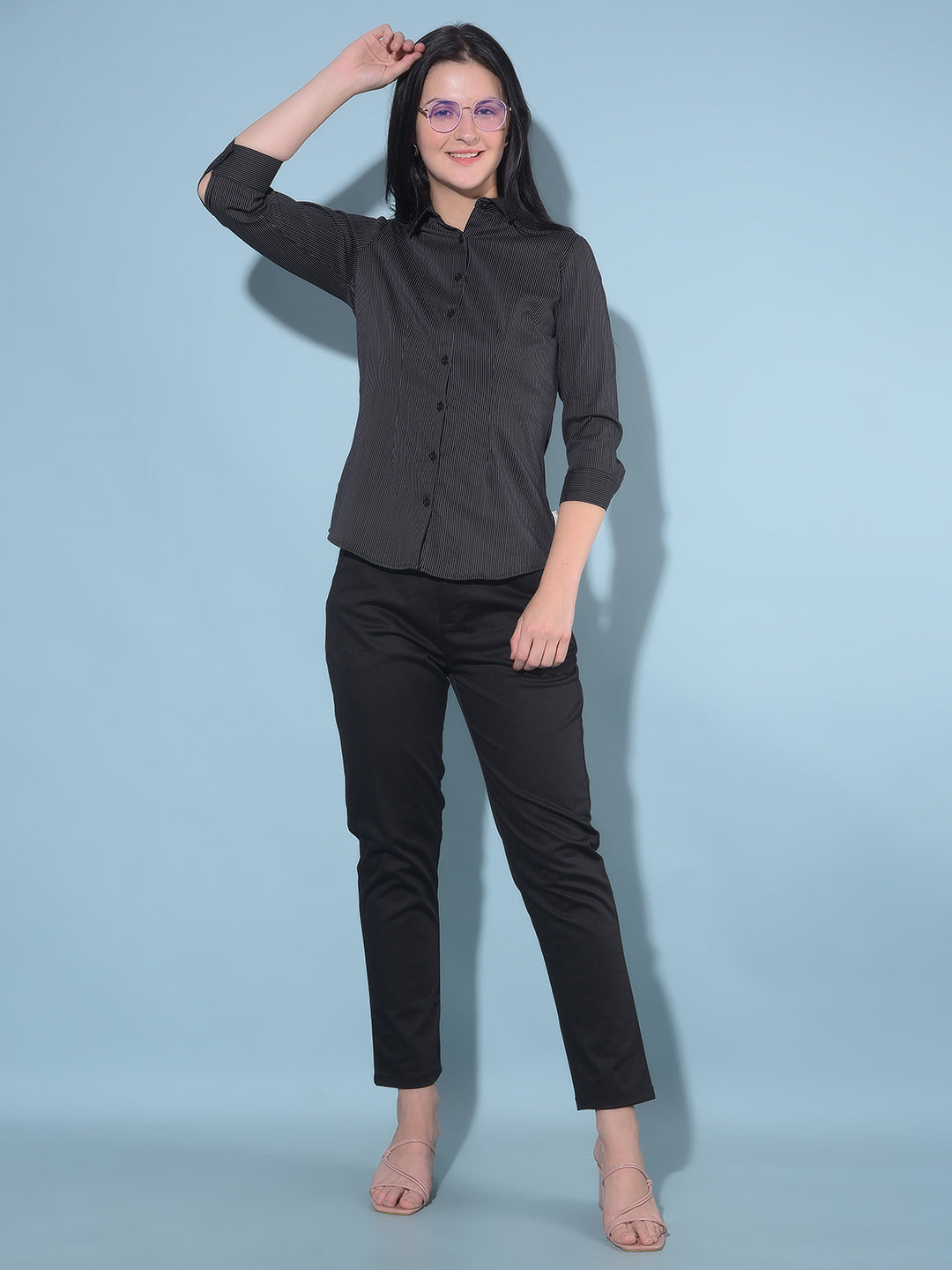 Black Vertical Striped Shirt-Women Shirts-Crimsoune Club