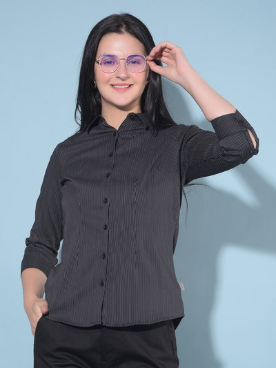 Black Vertical Striped Shirt-Women Shirts-Crimsoune Club