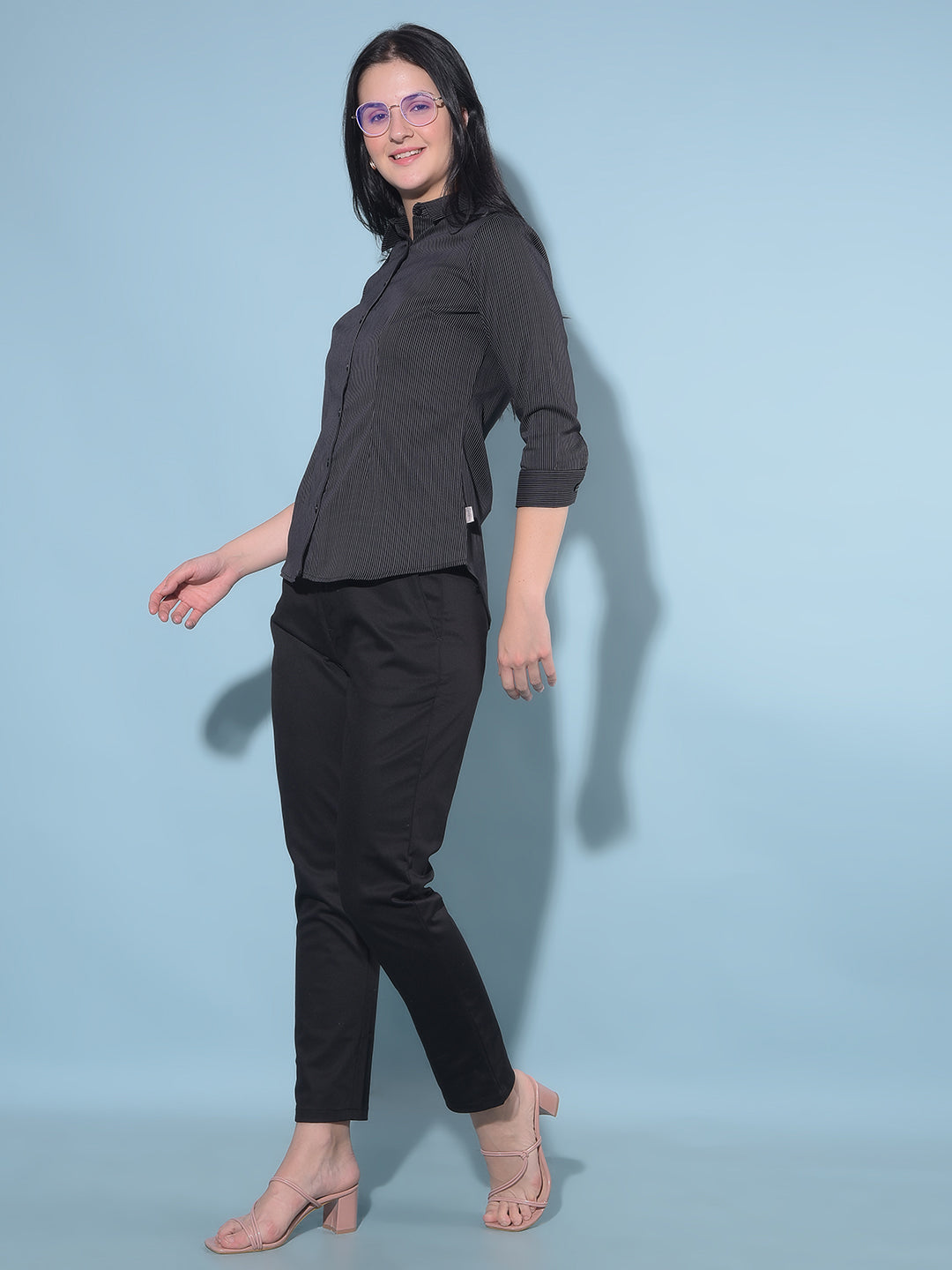 Black Vertical Striped Shirt-Women Shirts-Crimsoune Club