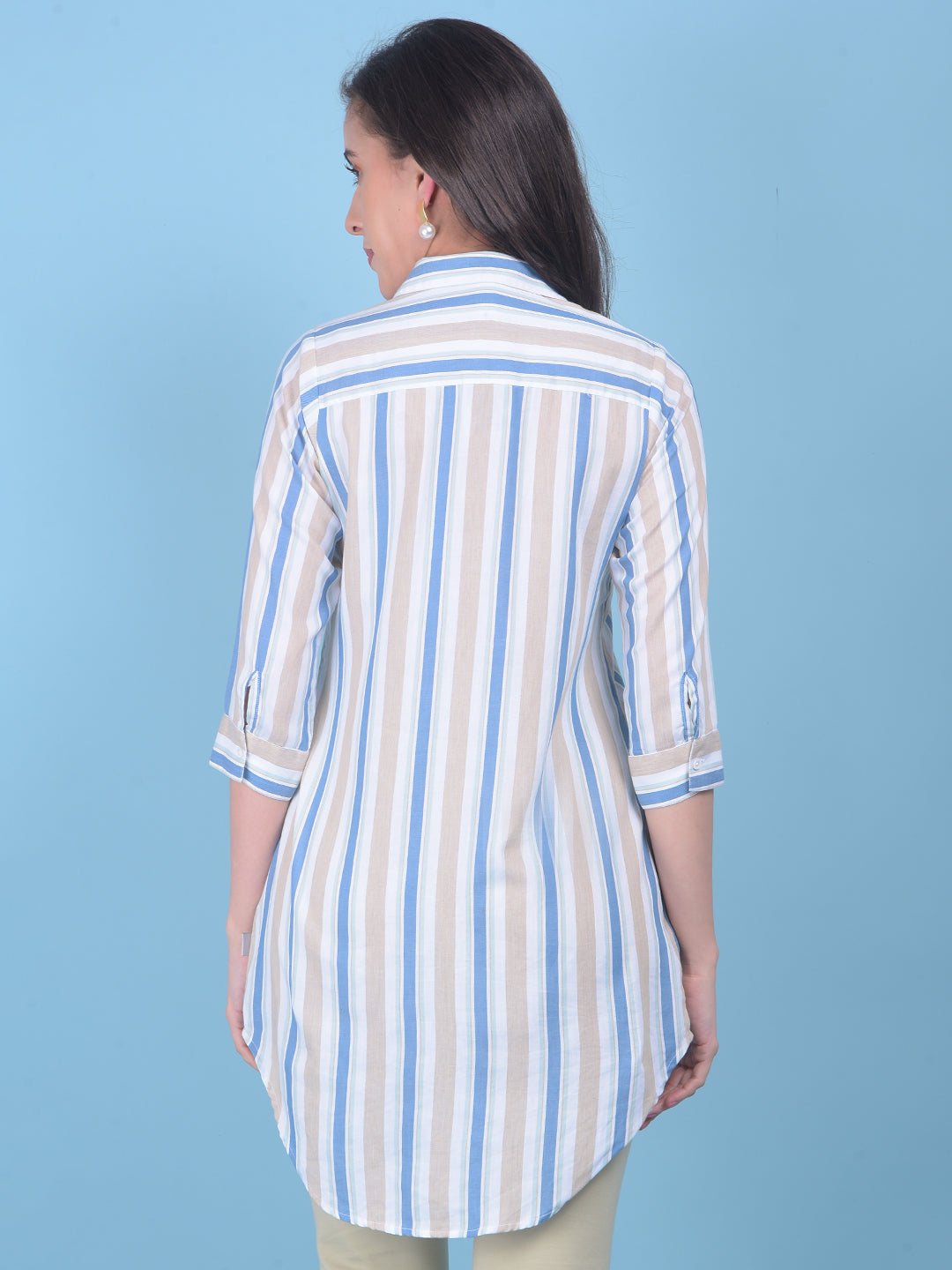 Beige Vertical Striped Shirt-Women Shirts-Crimsoune Club