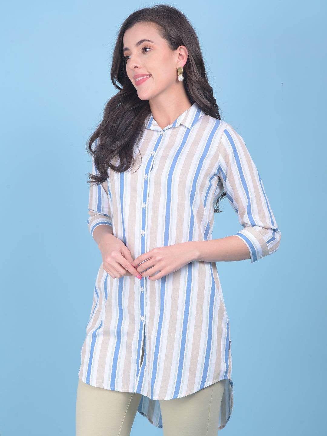 Beige Vertical Striped Shirt-Women Shirts-Crimsoune Club