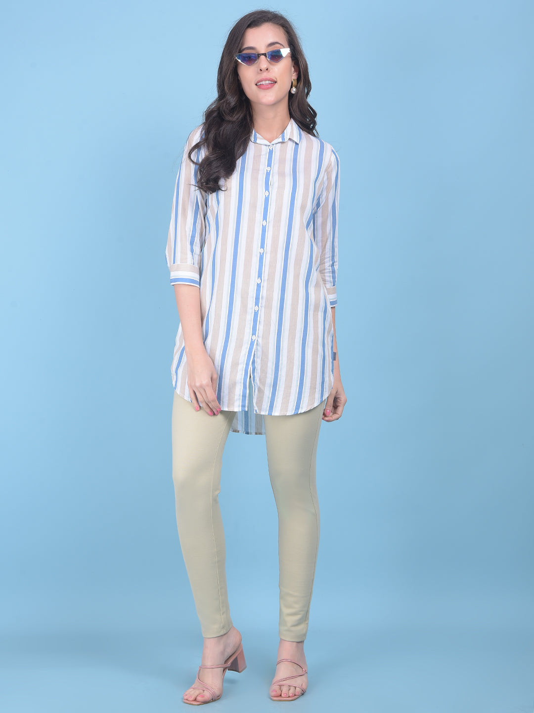 Beige Vertical Striped Shirt-Women Shirts-Crimsoune Club