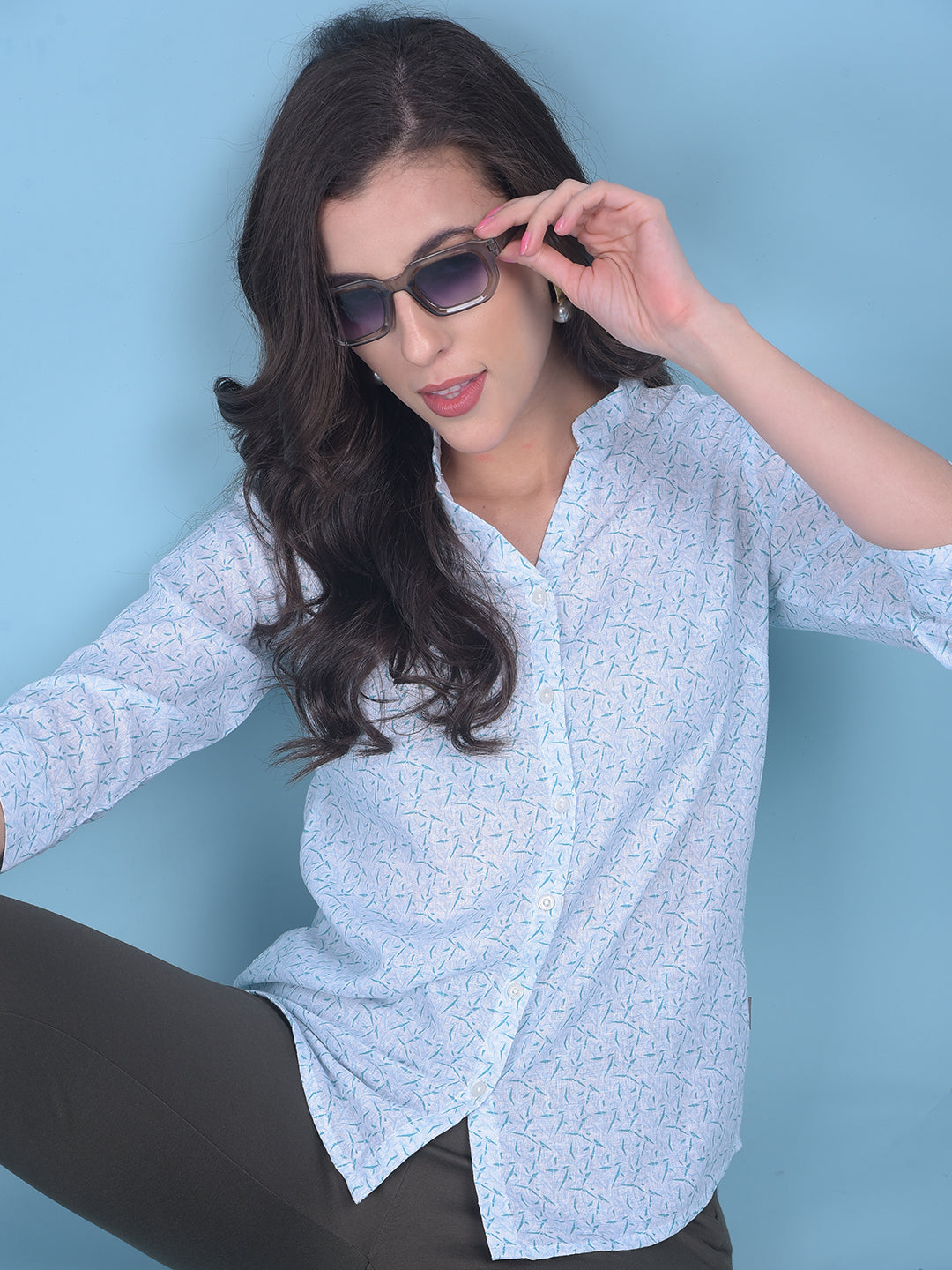 Blue Floral Print Shirt-Women Shirts-Crimsoune Club