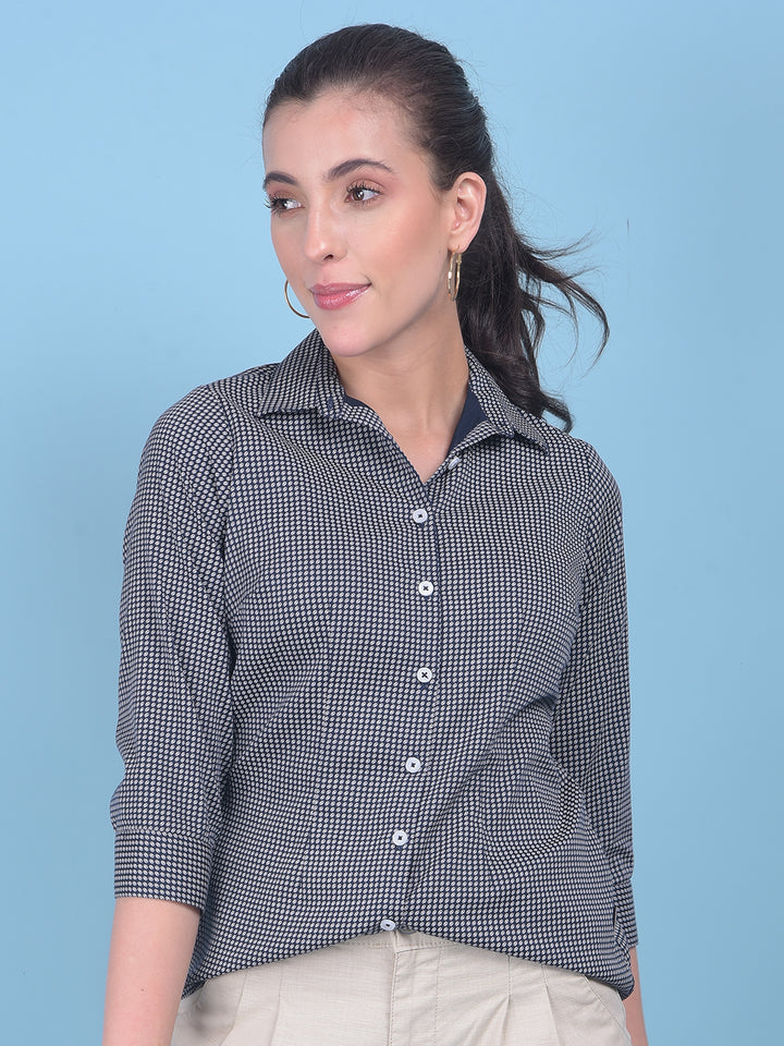 Blue Geometric Print Shirt-Women Shirts-Crimsoune Club