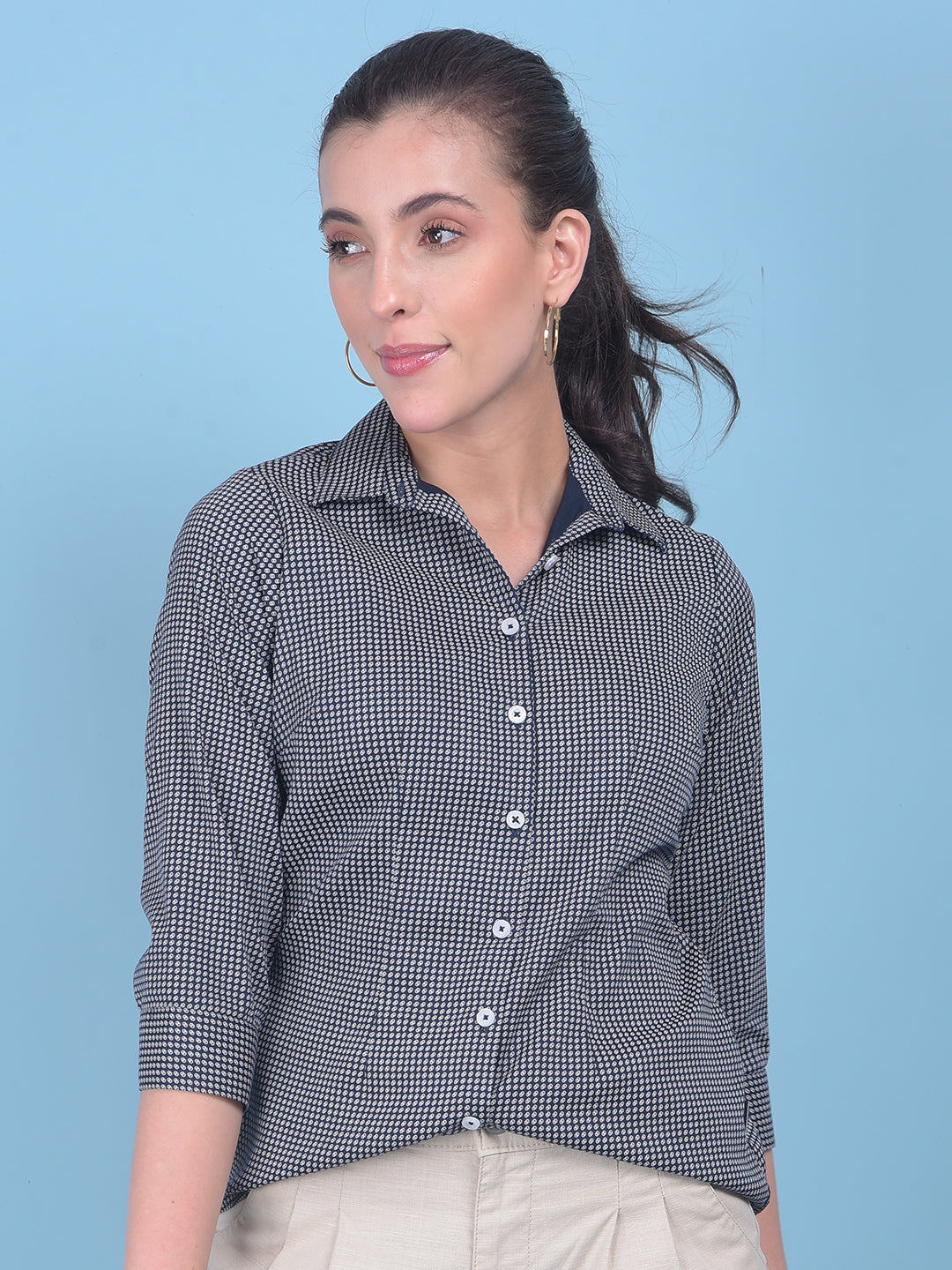 Blue Geometric Print Shirt-Women Shirts-Crimsoune Club