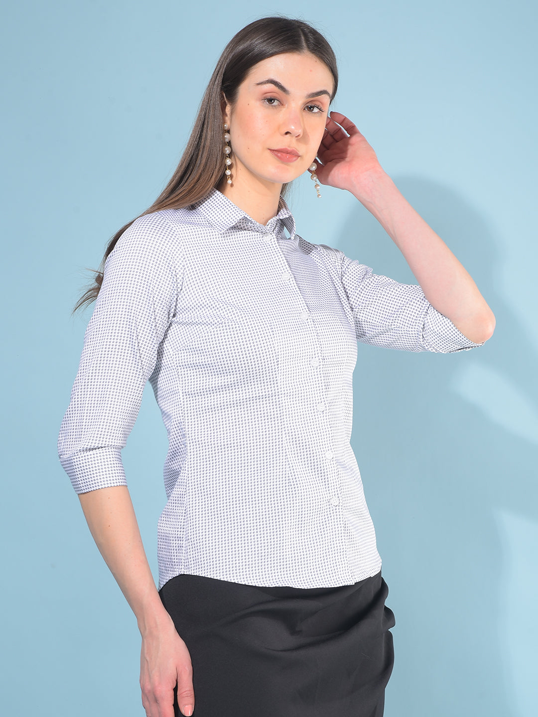 White Printed Cotton Shirt-Women Shirts-Crimsoune Club