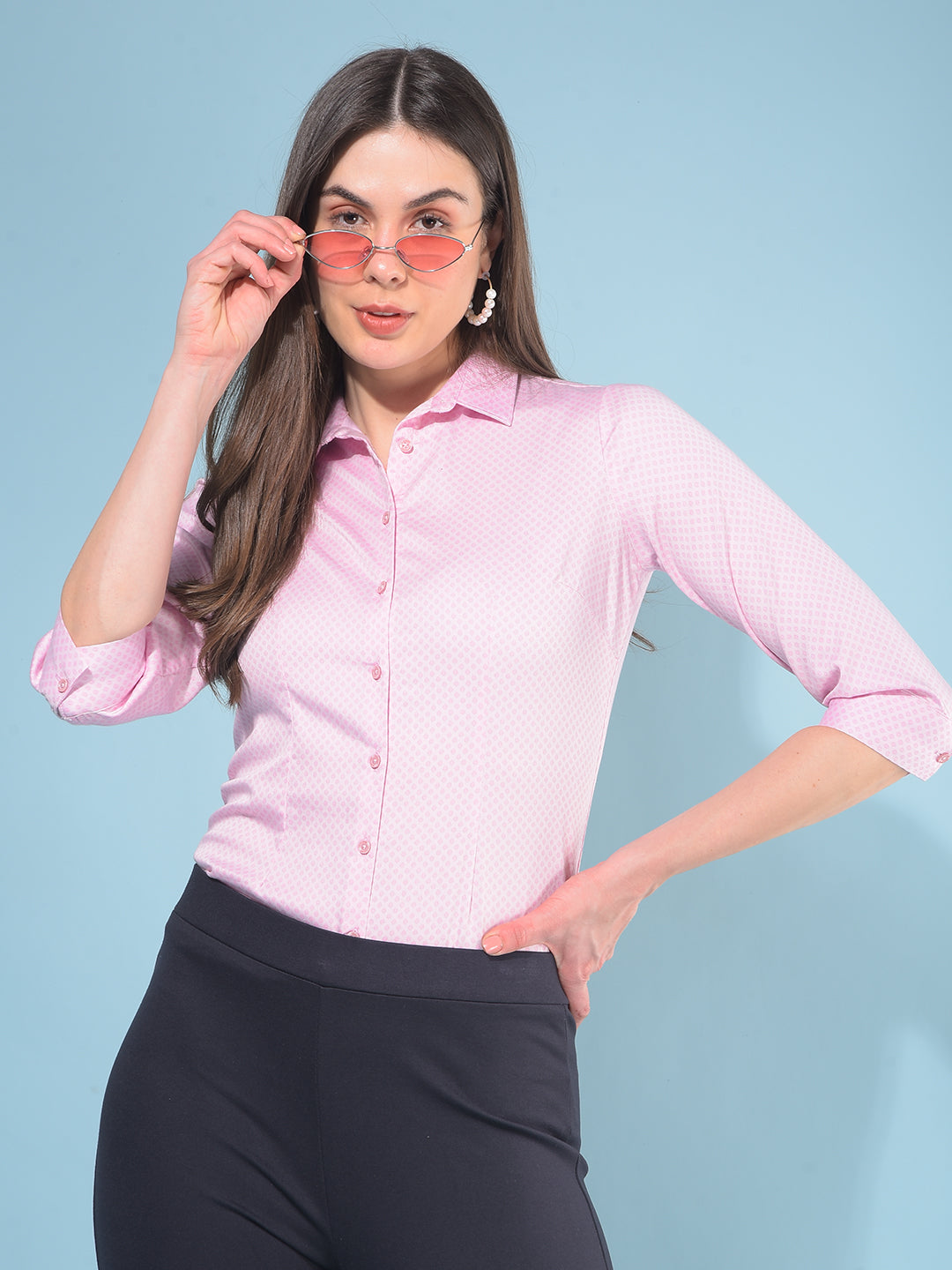 Pink Printed Cotton Shirt-Women Shirts-Crimsoune Club