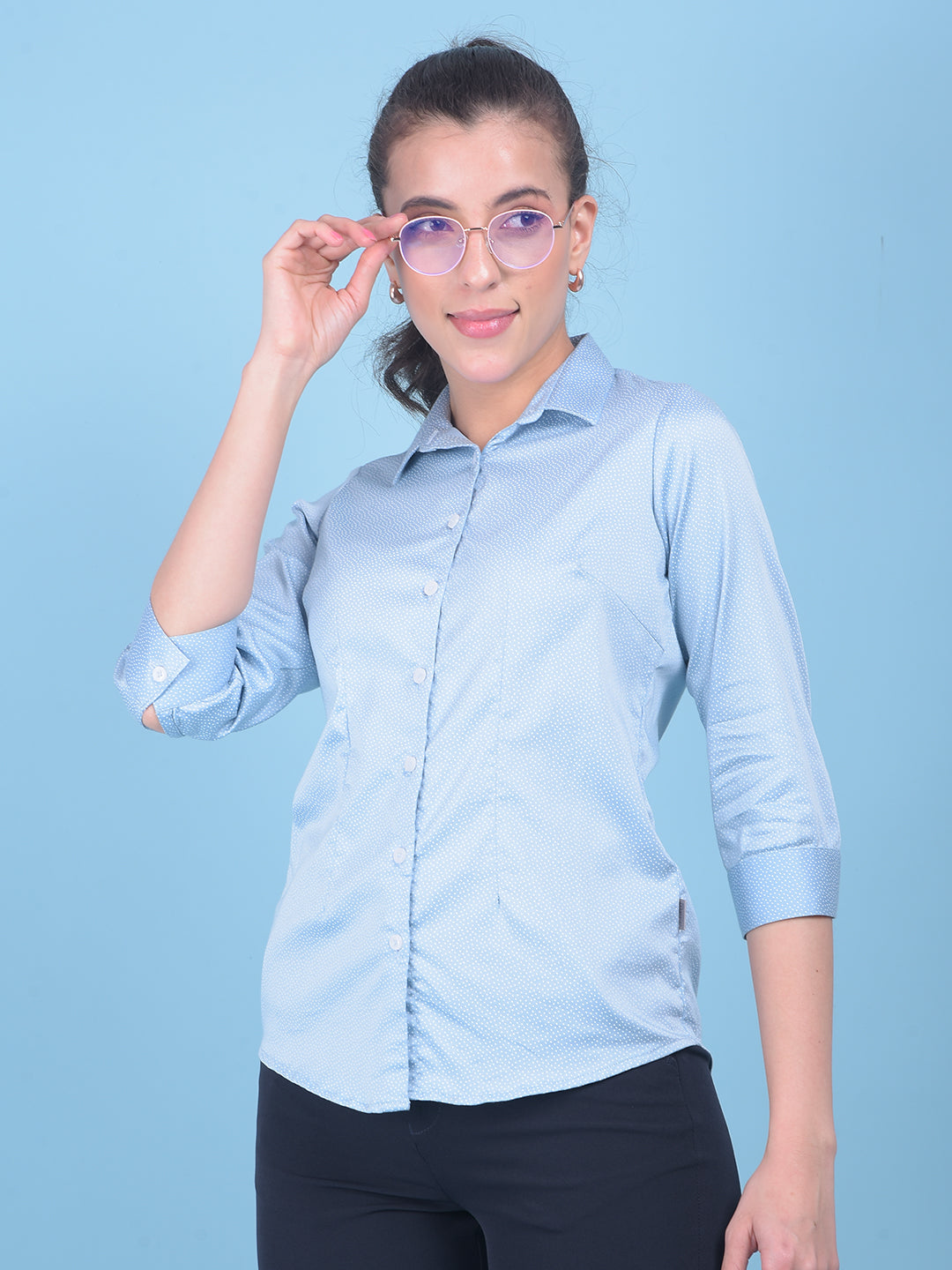 Blue Polka Dot Shirt-Women Shirts-Crimsoune Club