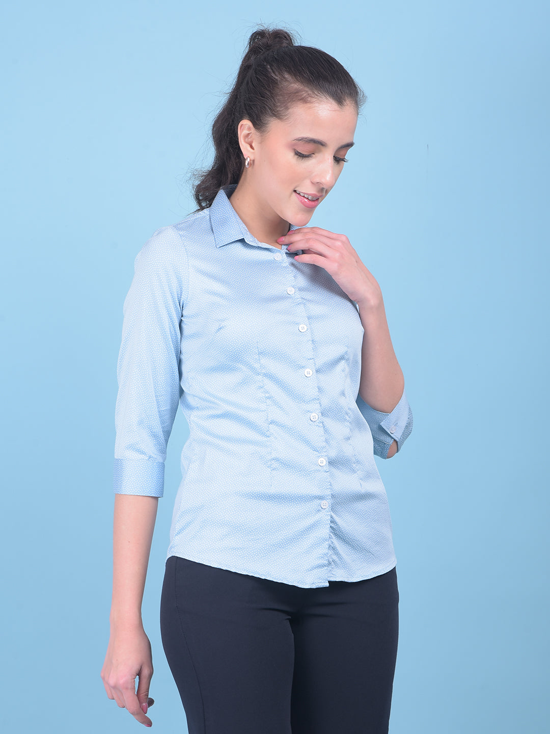 Blue Polka Dot Shirt-Women Shirts-Crimsoune Club