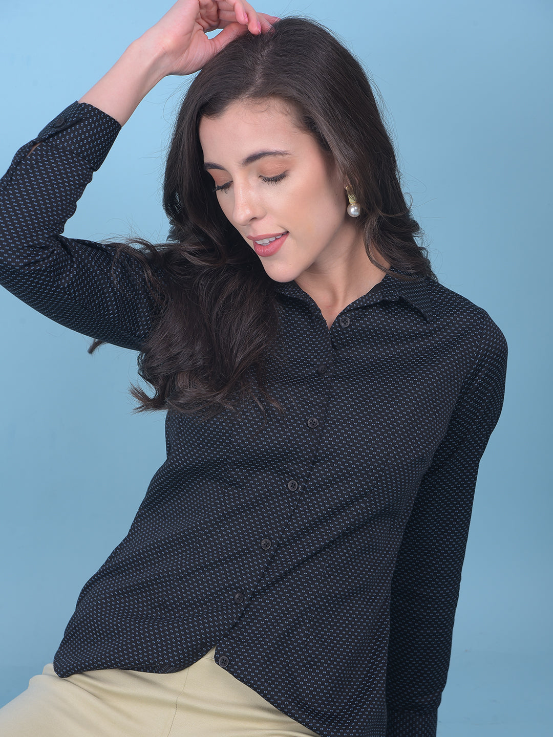 Navy Blue Geometric Print Shirt-Women Shirts-Crimsoune Club