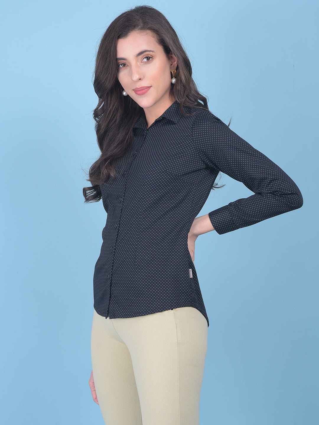 Navy Blue Geometric Print Shirt-Women Shirts-Crimsoune Club