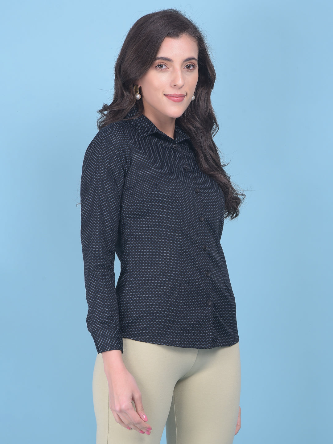 Navy Blue Geometric Print Shirt-Women Shirts-Crimsoune Club