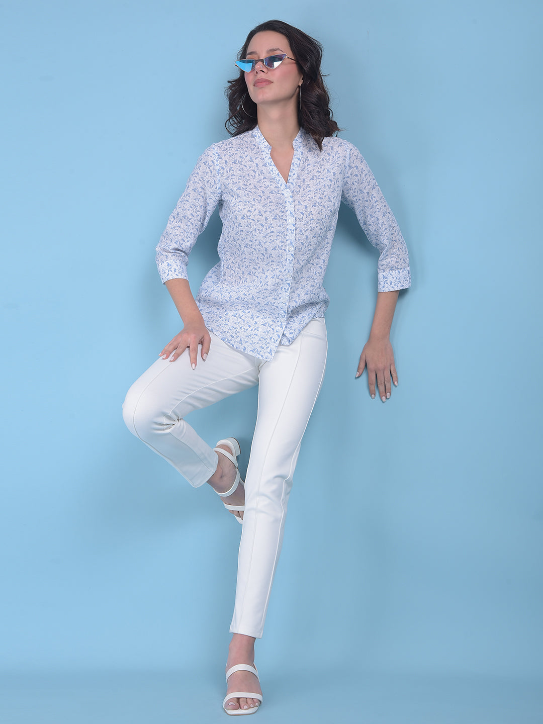 Blue Floral Print Shirt-Women Shirts-Crimsoune Club