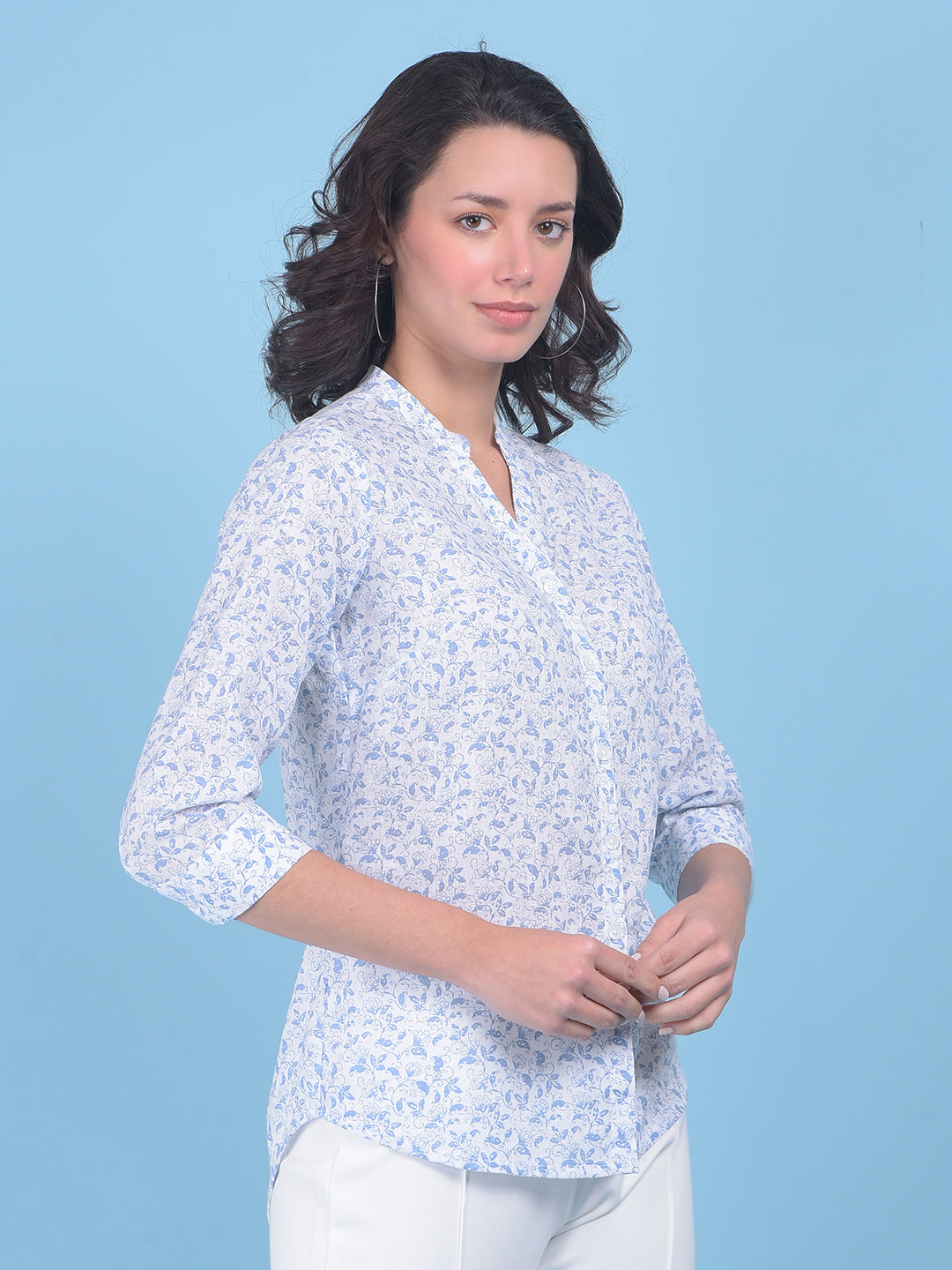 Blue Floral Print Shirt-Women Shirts-Crimsoune Club