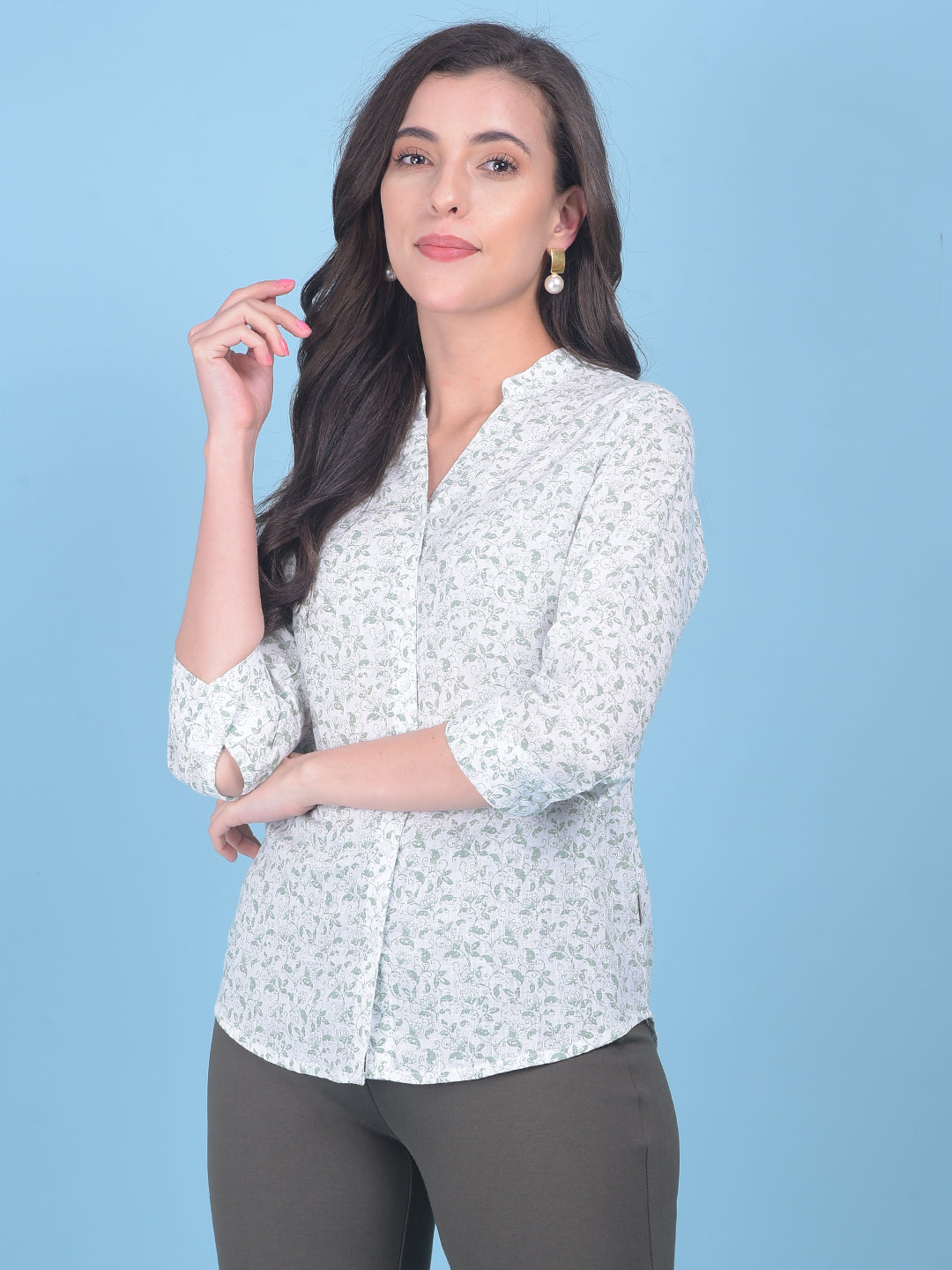 Green Floral Print Shirt-Women Shirts-Crimsoune Club