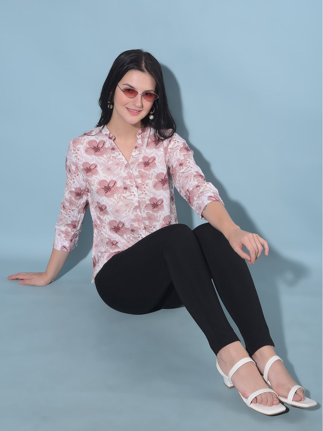 Pink Floral Print Linen Shirt-Women Shirts-Crimsoune Club