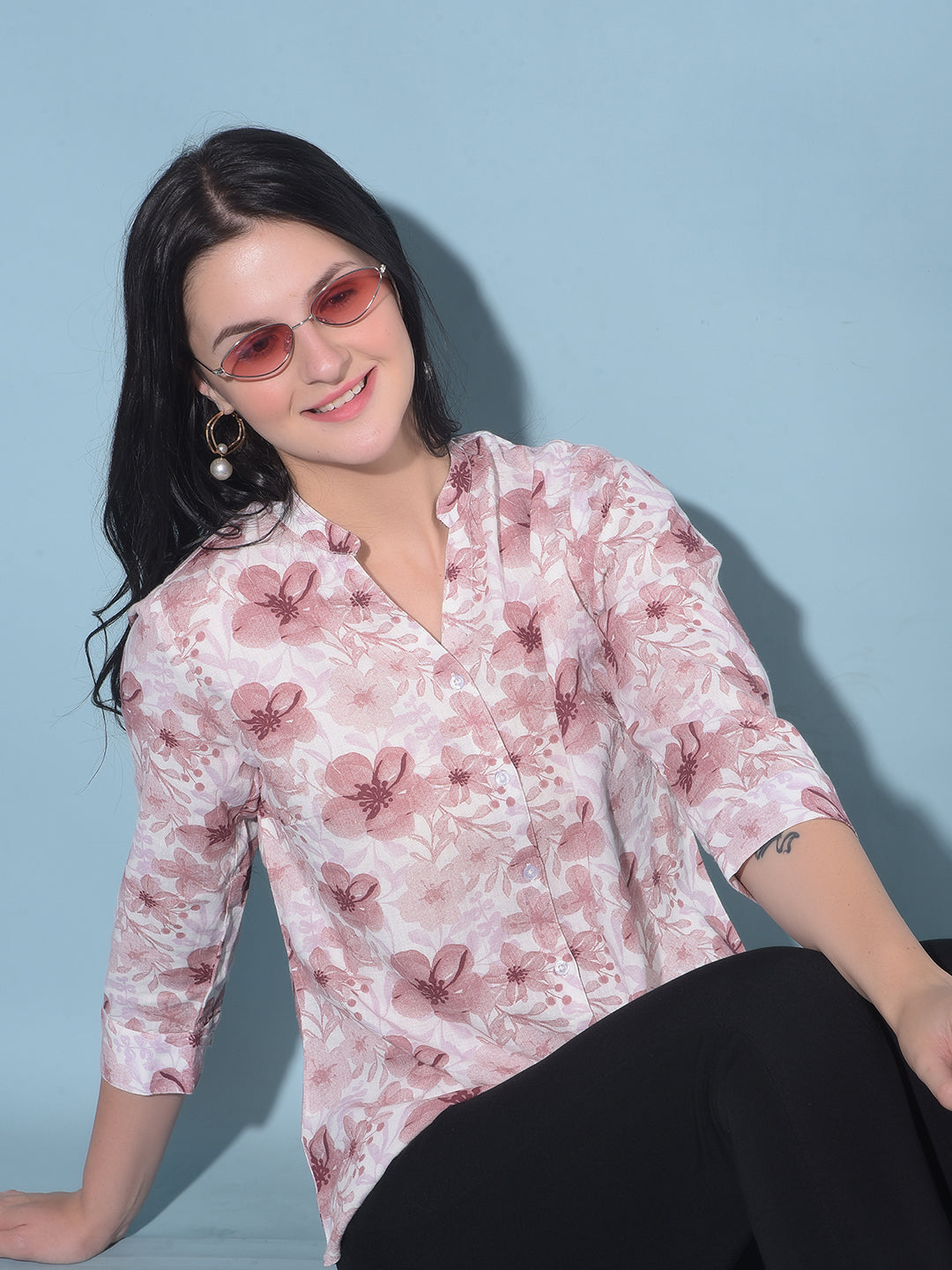 Pink Floral Print Linen Shirt-Women Shirts-Crimsoune Club