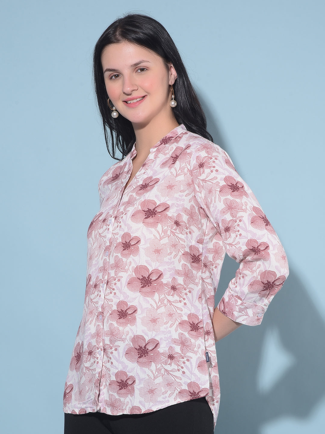 Pink Floral Print Linen Shirt-Women Shirts-Crimsoune Club