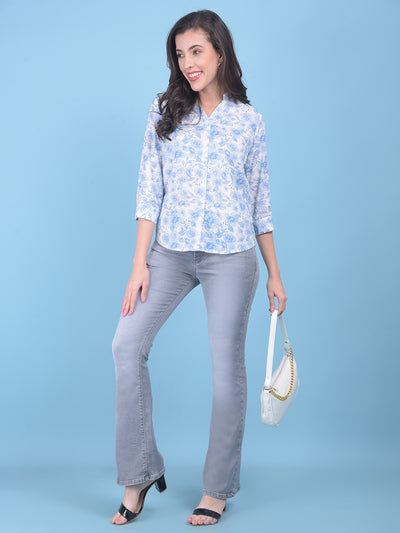 Blue Floral Print Shirt-Women Shirts-Crimsoune Club