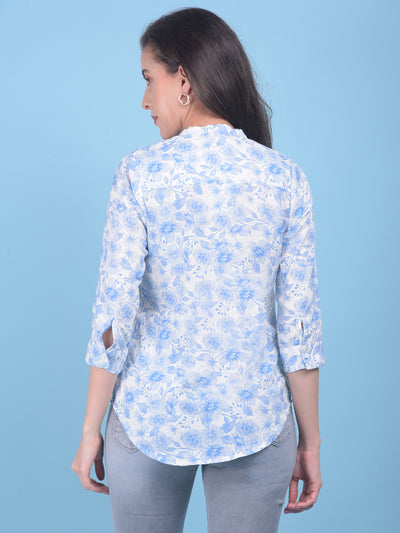 Blue Floral Print Shirt-Women Shirts-Crimsoune Club