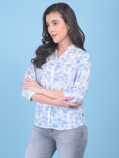 Blue Floral Print Shirt-Women Shirts-Crimsoune Club