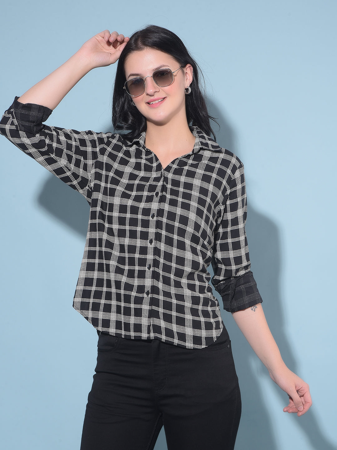 Black Tartan Check Shirt-Women Shirts-Crimsoune Club